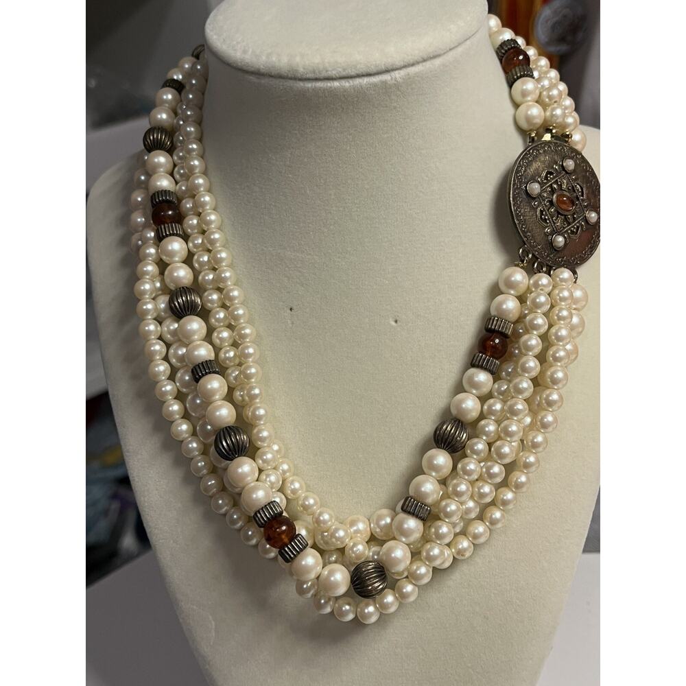 Beautiful Vintage Multi Stand Faux Pearl Necklace w Bronze Tone Pendant Beads